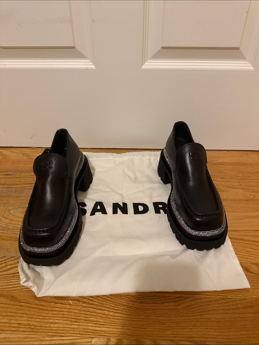 Sandro Black Leather Loafers with Crystal-Trim Lug Sole